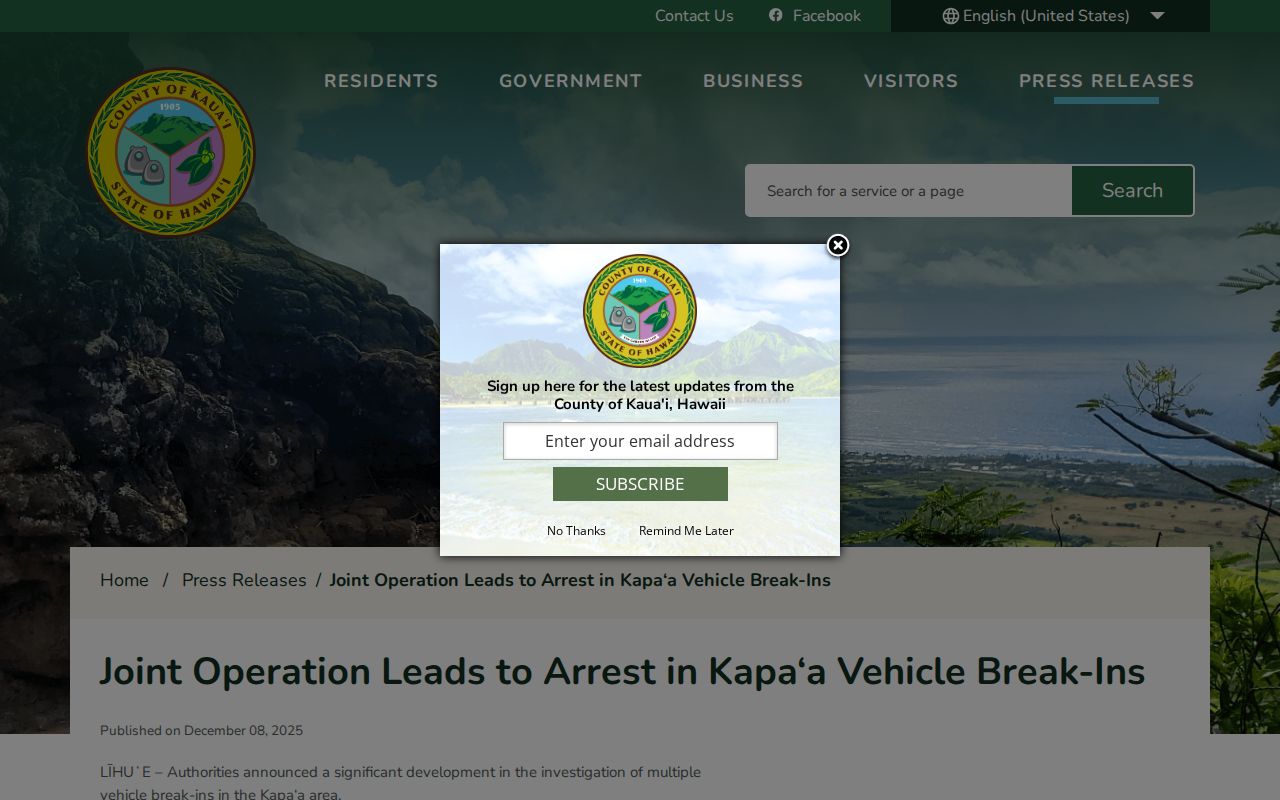 Kauaʻi County KPD Kapaʻa vehicle-break-in arrest release