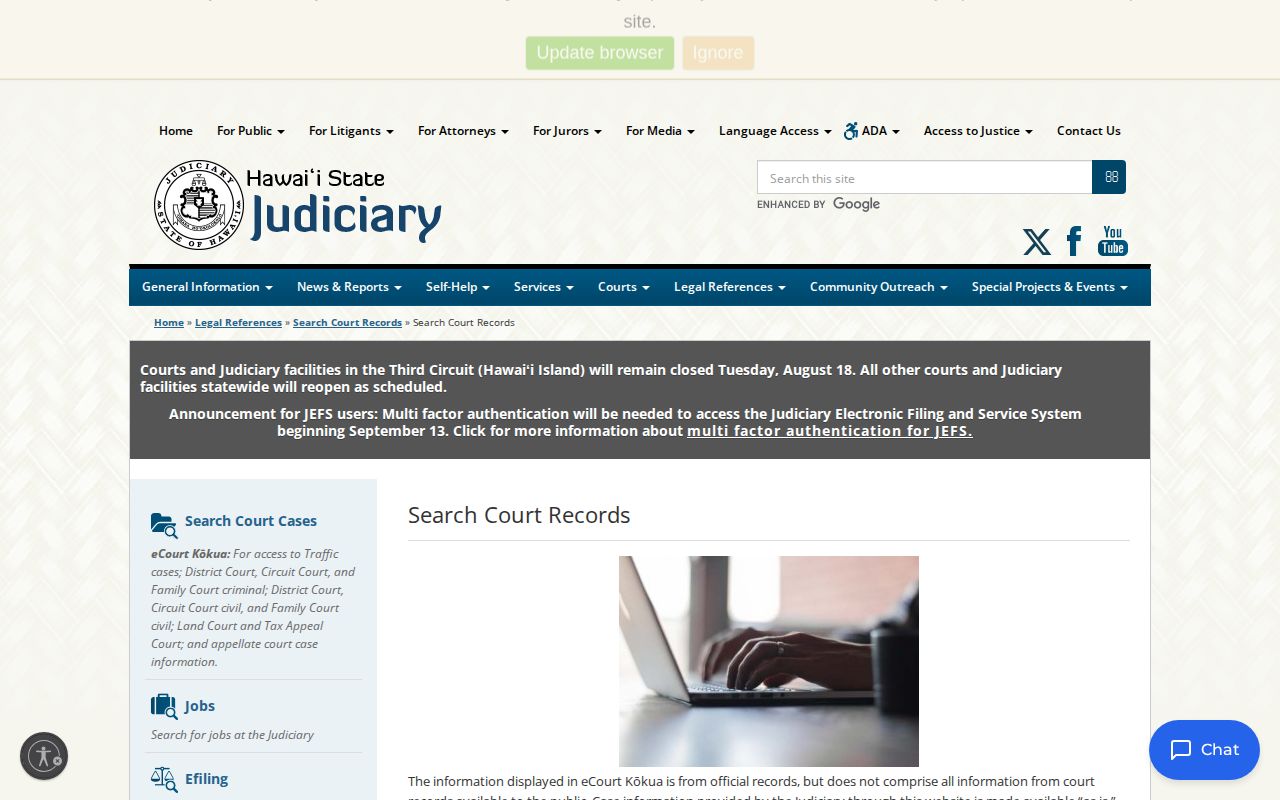 Hawaiʻi Judiciary search court records path for Kauaʻi cases