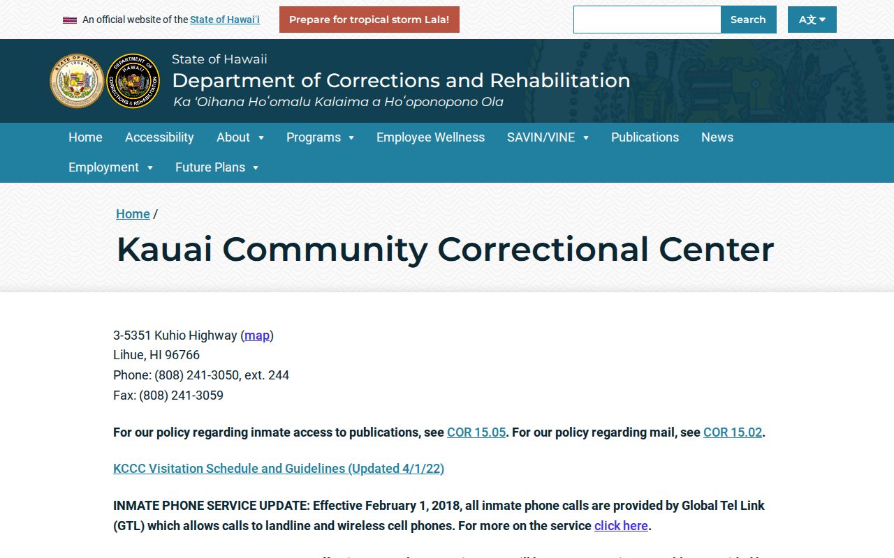 Kauaʻi Community Correctional Center State DCR facility information