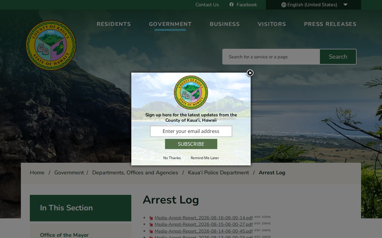 Kauaʻi Police Department arrest log and booking record source
