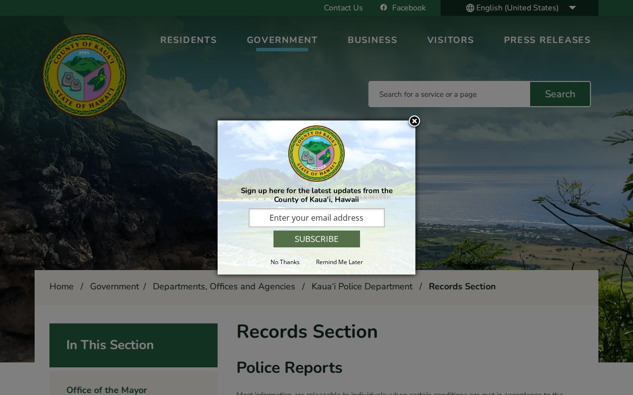 Kauaʻi Police Department Records Section public-record request information