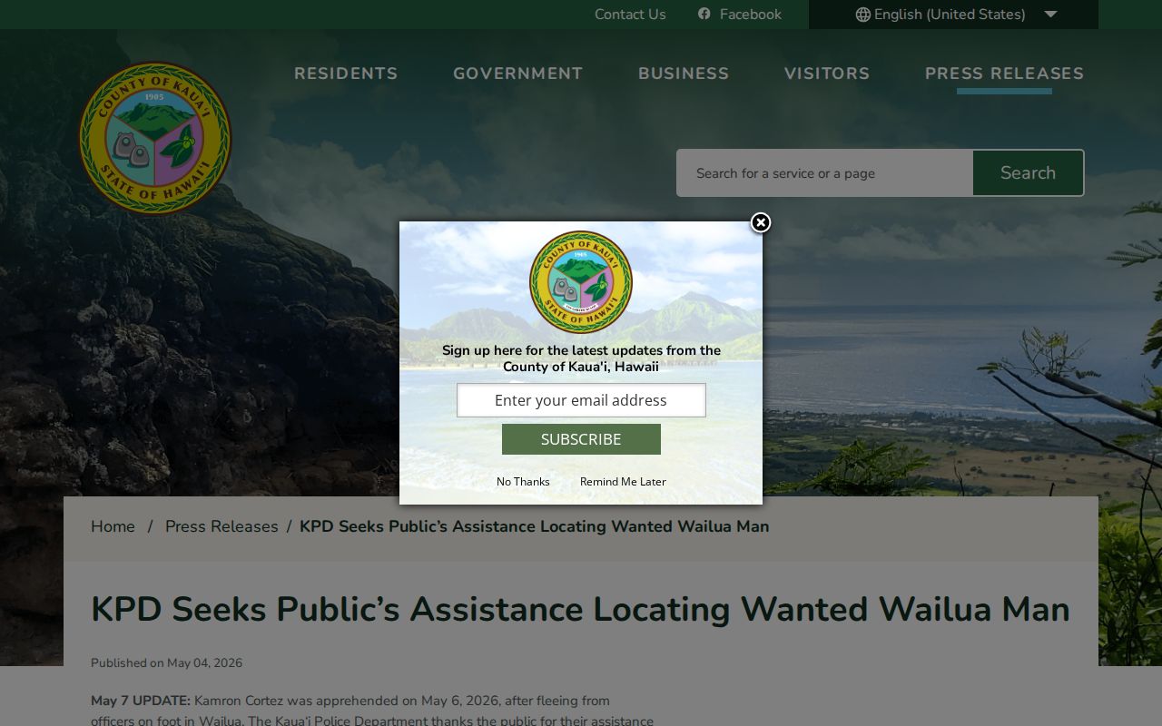 Kauaʻi County KPD Wailua wanted-person release source